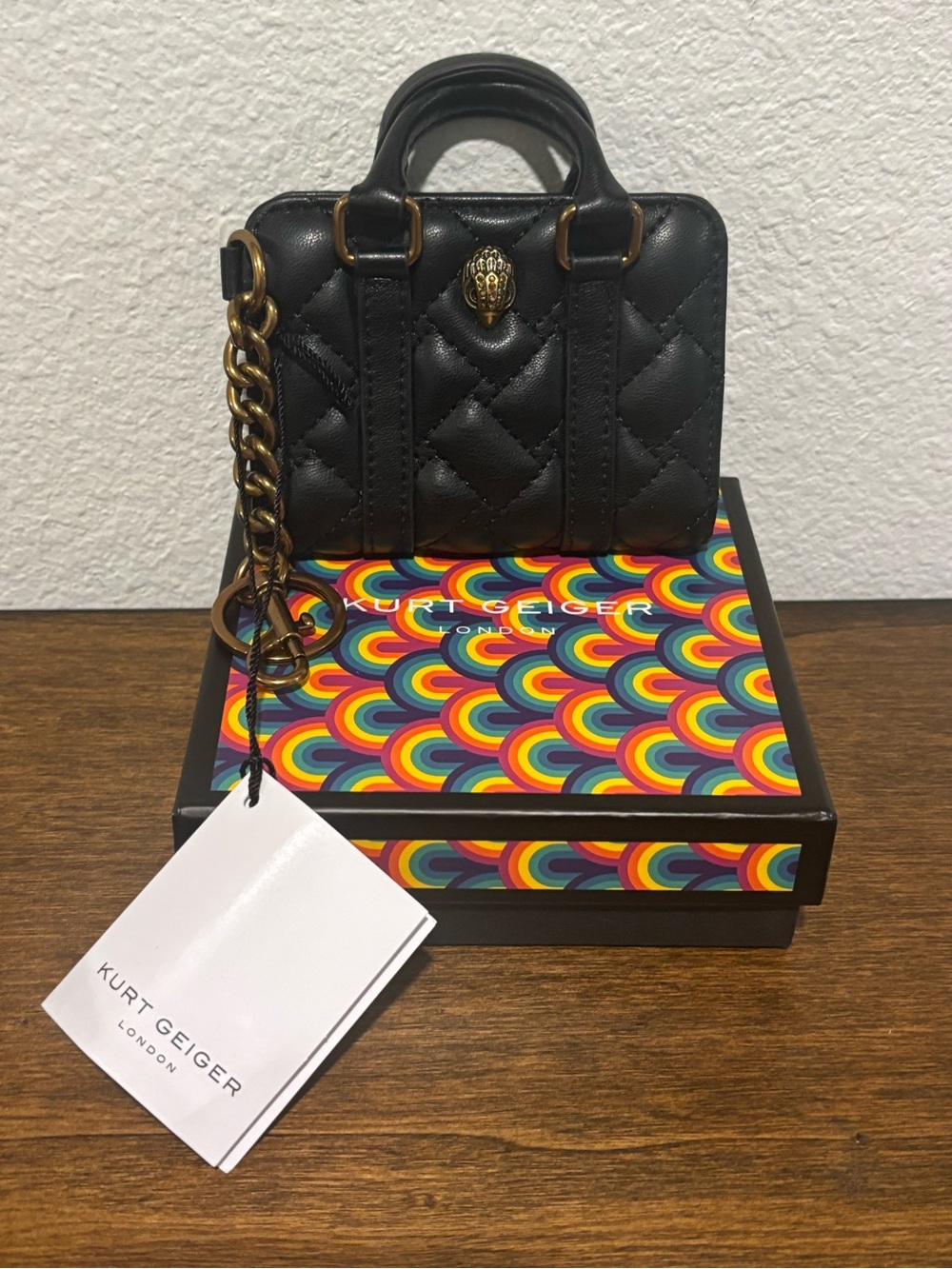 Kurt Geiger Black Quilted Card Holder/Bag Charm with Gold Chain Detail - Picture 2 of 8